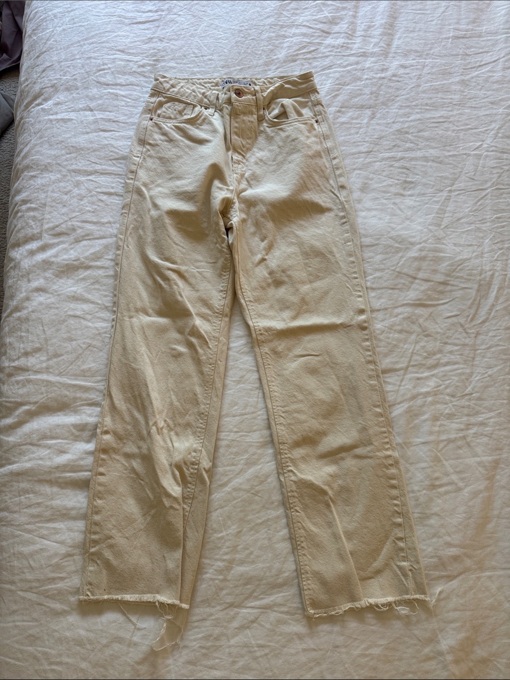 Zara Cream Straight-Leg Jeans with Raw Hem